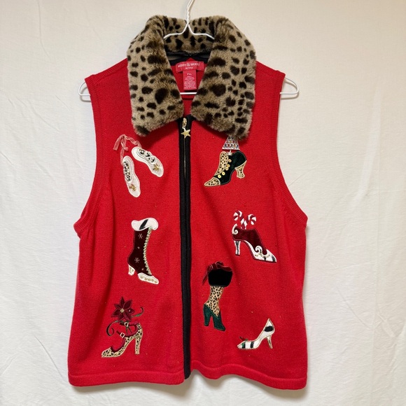 Merry & Bright Sweaters - VTG Merry & Bright Red Christmas Sweater Vest Size PXL Shoes Beaded Ugly Holiday